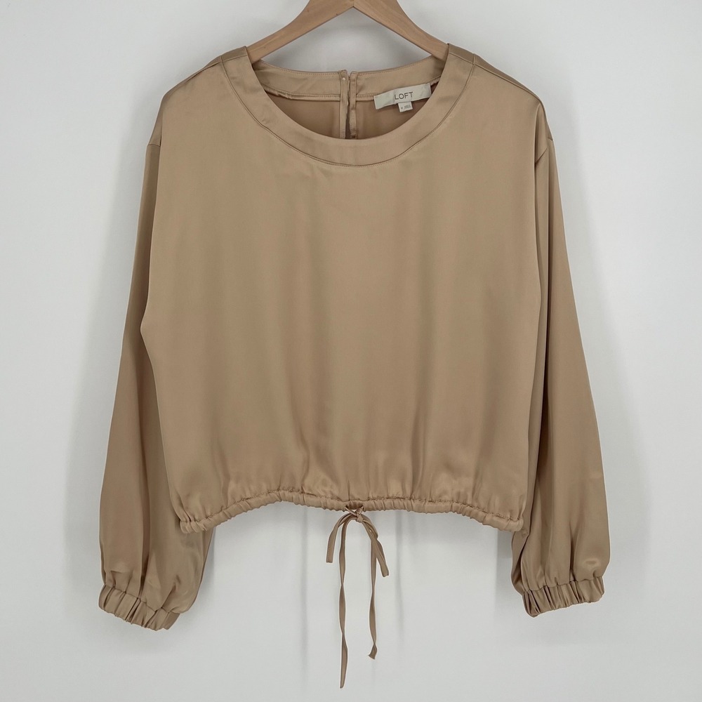 LOFT Womens Satin Long Sleeve Cropped Drawstring Blouse Size M Tan Chic Office